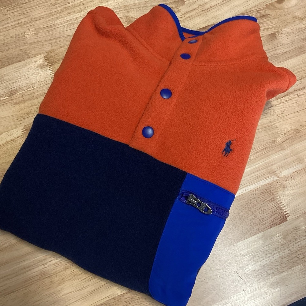 Boys Polo‎ Ralph Lauren Snap Fleece Pullover- Navy/Orange/Royal- XL (18/20)